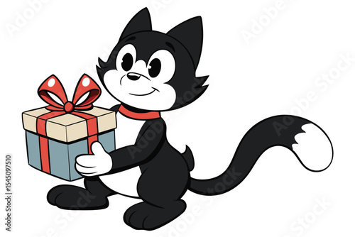 Cartoon black and white cat carries a blue gift box with a red ribbon