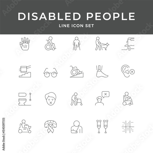 Disabled People Line Icon Set – Accessibility, Wheelchair, Blind, Deaf, Disability, Support, Medical, Minimal Vector Collection