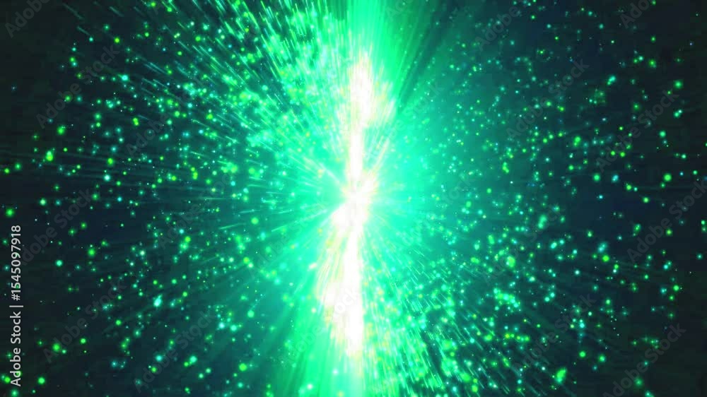 A vibrant green explosion of light and particles, creating a dynamic and energetic visual effect.