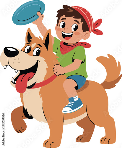 Child rides a cheerful canine companion, radiating delight. The child holds a flying disc, capturing a moment of carefree interaction and shared happiness.