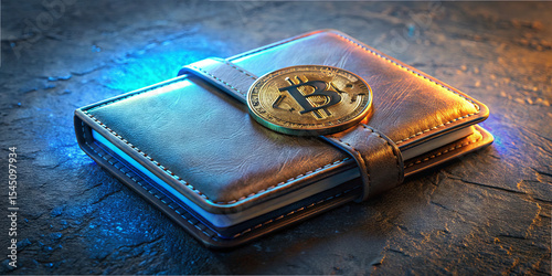 A leather wallet featuring a prominent cryptocurrency coin rests on a textured surface. The soft blue light creates a modern and tech-savvy ambiance for digital finance