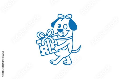Blue dog outline with bow happily carries a polka dot present with ribbon