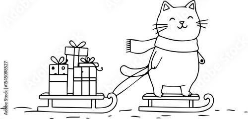 Cat pulling sleigh filled with gifts in winter scene  