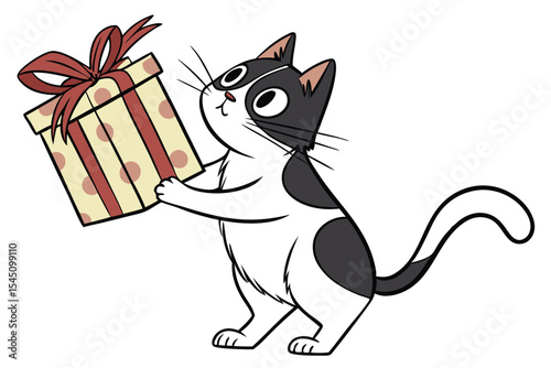 Black and white cat holds a gift box with ribbon and dotted pattern