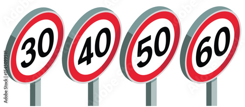 Four Isometric Speed Limit Signs 30 40 50 60