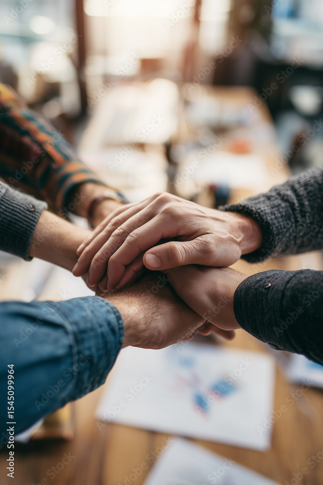 Obraz premium Close-up of an employee's hand holding up in a gesture of attention or participation. Symbolizes teamwork, communication, and workplace engagement with clear focus and detail.
