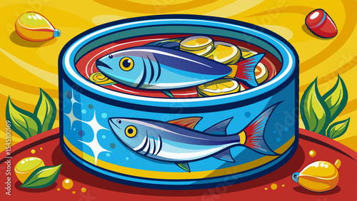 Bright and colorful illustration of an opened canned fish product with two sardines, lemon slices, and herbs inside a blue tin