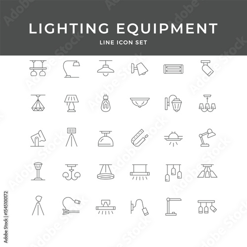 Lighting Equipment Line Icon Set – Lamp, Light, Bulb, Fixture, Modern, Interior, Ceiling, Minimal Vector Collection