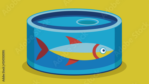 Flat vector illustration of a blue canned fish product with a colorful fish icon and a pull-tab lid on a yellow background