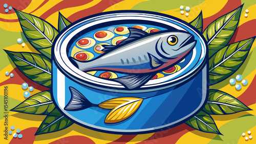 Vibrant illustration of an opened canned fish with one whole fish, olives, and herbs in a blue tin against a colorful leafy background