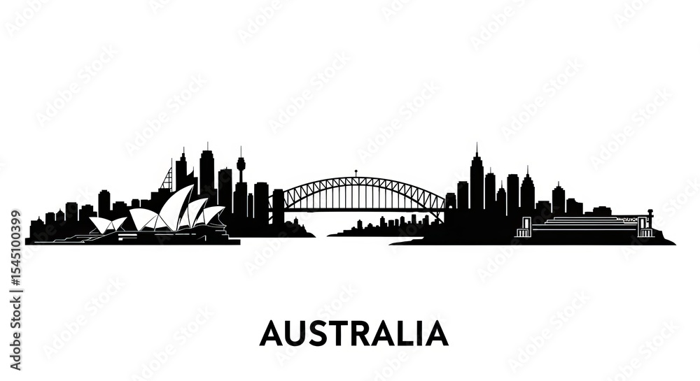 Fototapeta premium Silhouette of the sydney skyline with opera house and harbour bridge on a white background design