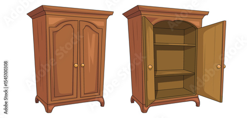 Classic Wooden Armoire Closed and Open Illustration
