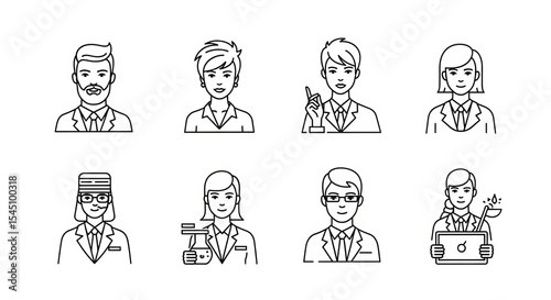 Collection of diverse professional line art portraits in business and science roles vector graphic