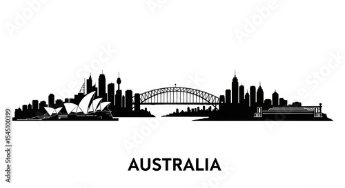 Silhouette of the sydney skyline with opera house and harbour bridge on a white background design