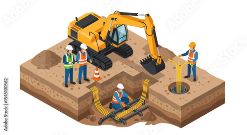 Construction Workers Installing Underground Pipes and Cables with Excavator