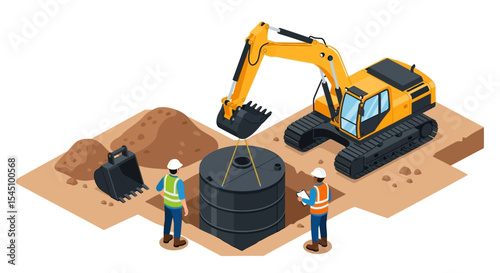Excavator Installing Underground Tank Construction Site Illustration