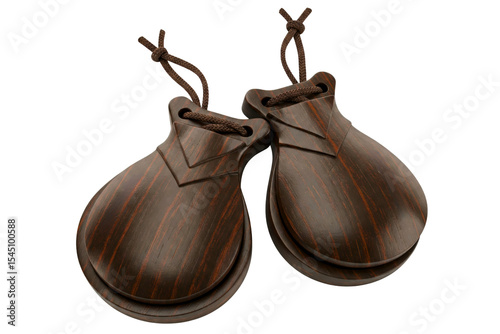Pair of dark wood castanets on a string isolated on a transparent background