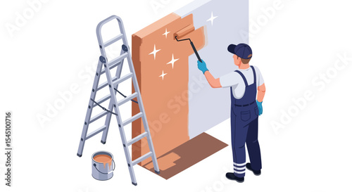 Professional Painter Using Roller on Wall, Home Renovation, Interior Painting Service