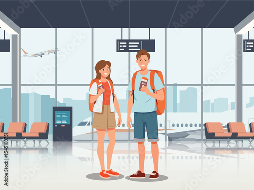 Happy tourist with Large travel bag pack for travel and exploring the beach. The lovers holding map and passport, smiling. Summer vacation and tropical travel concept illustration.