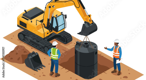 Excavator Installing Underground Tank Construction Site Illustration