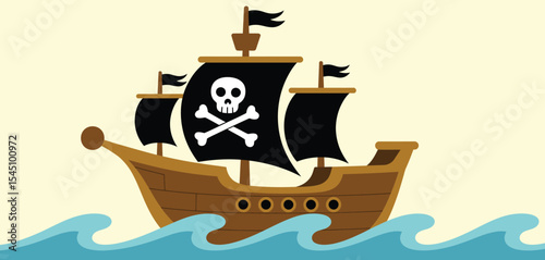 Cartoon Pirate Ship Sailing on Ocean Waves