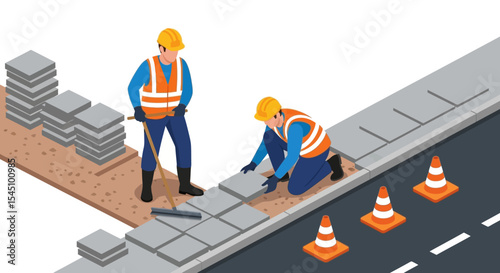 Construction Workers Paving Sidewalk Road Repair and Urban Renewal