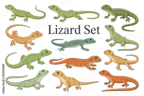 Cartoon Lizard Set Illustration Diverse Reptiles Collection