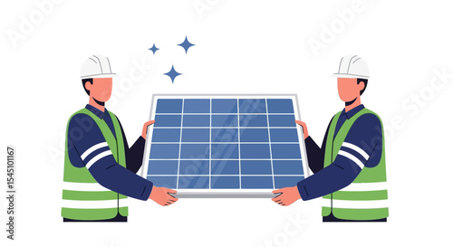 Renewable Energy Technicians Installing Solar Panel, Clean Energy Solution