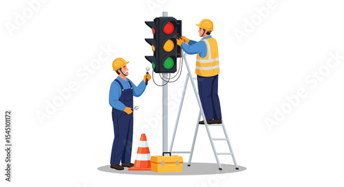 Traffic Light Maintenance Technicians Repairing Signal