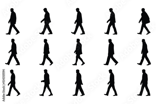 Man walking animation cycle silhouettes isolated on white background