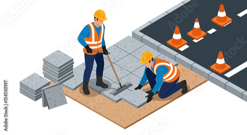Construction Workers Paving Sidewalk Isometric Illustration