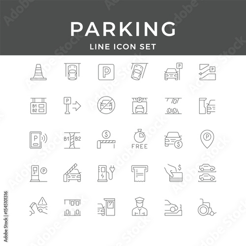 Parking Line Icon Set – Car, Garage, Lot, Ticket, Barrier, Payment, Space, Minimal Vector Collection