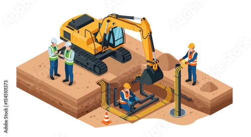 Construction Workers Installing Underground Pipes with Excavator