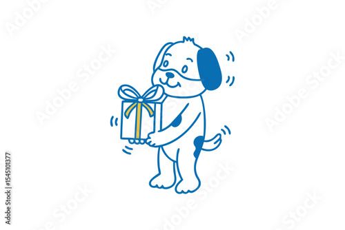 Animated dog stands eagerly, shaking while holding a wrapped gift and expressing happiness