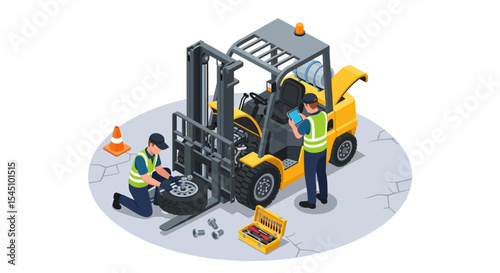 Forklift Maintenance and Repair Mechanics Servicing Industrial Vehicle