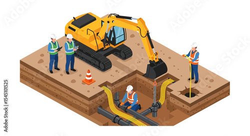 Construction Workers Installing Underground Pipes with Excavator