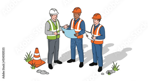 Construction Workers Reviewing Blueprint Teamwork and Planning in Construction Projects