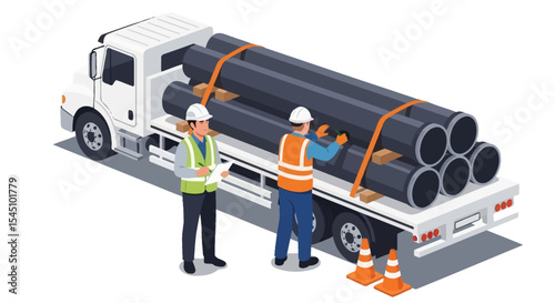 Industrial Pipe Delivery Workers Inspecting Securely Strapped Pipes on Flatbed Truck