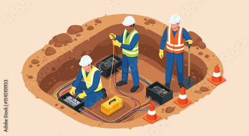 Underground Electrical Cable Installation Professional Technicians at Work
