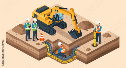 Construction Workers Installing Underground Pipes with Excavator