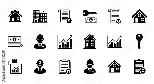 Real estate elements with houses, contracts, money, engineers, and graphs in black and white icons