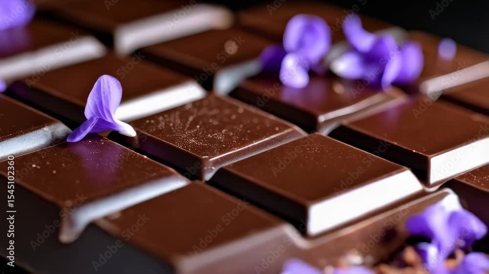 Delicious dark chocolate bar presented with edible purple violet flowers and chocolate shavings in a close up view