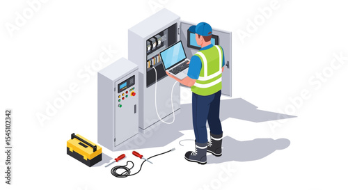 Electrical Engineer Inspecting Industrial Control Panel and Equipment