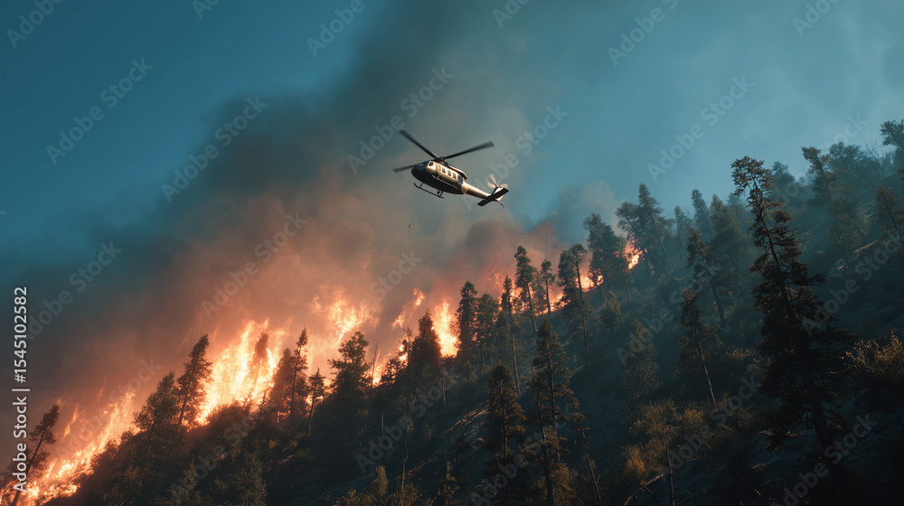 Fototapeta premium Helicopter patrolling above a raging forest fire. Captures urgency, disaster response, and environmental crisis with smoke, flames, and dramatic aerial action in natural landscape.