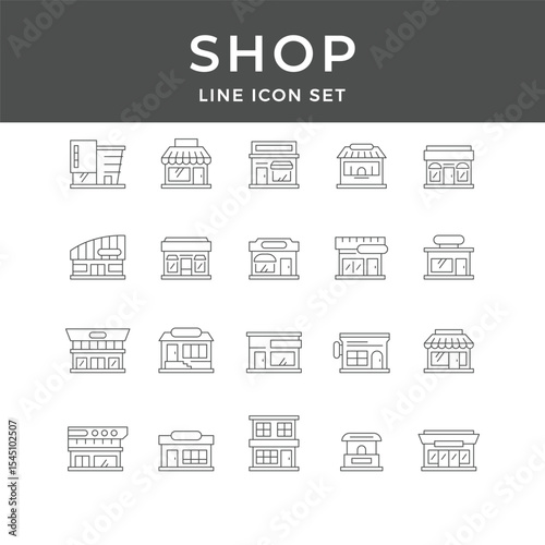 Shop Line Icon Set – Store, Market, Retail, Building, Boutique, Mall, Commercial, Minimal Vector Collection