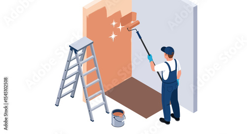 Professional Painter Using Roller to Paint Wall, Home Improvement