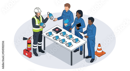 Industrial Safety Training Workers Receiving Protective Equipment