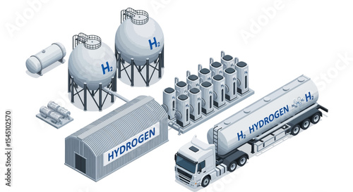 Hydrogen Production and Transportation An Isometric Illustration of a Hydrogen Plant and Delivery System