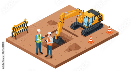 Construction Site Excavator Digging, Engineers Planning Project