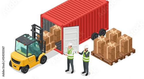 Efficient Cargo Container Loading and Unloading Forklift and Teamwork